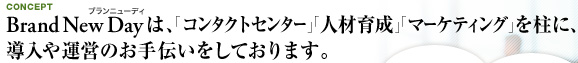 ブランニューデイコンセプト　Brand New Dayは、「コンタクトセンター」「人材育成」「マーケティング」を柱に、導入や運営のお手伝いをしております。